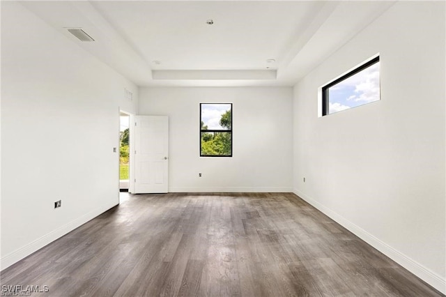 spare room featuring a tray ceiling and dark wood-type flooring