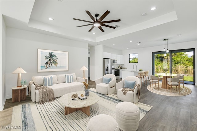 living room featuring light hardwood / wood-style floors, a raised ceiling, and sink