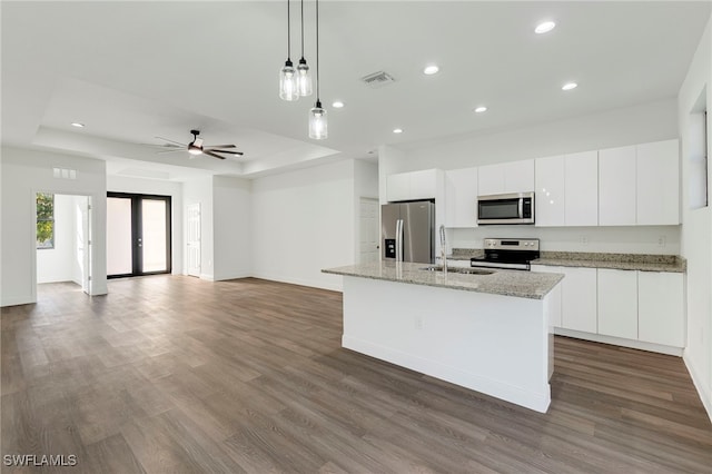 kitchen featuring decorative light fixtures, a raised ceiling, white cabinets, a kitchen island with sink, and stainless steel appliances