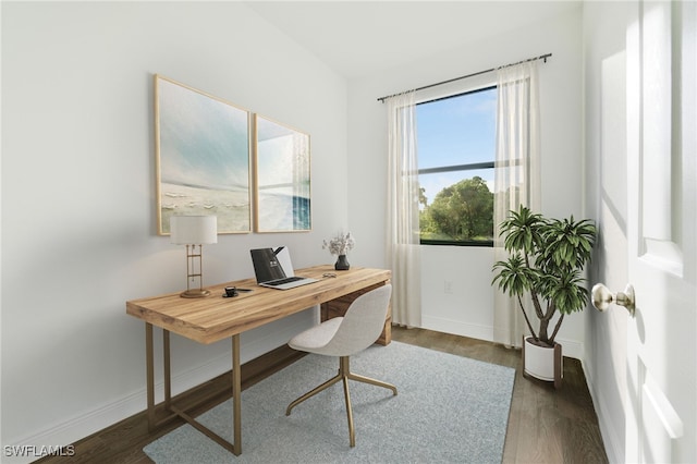 office with dark hardwood / wood-style flooring