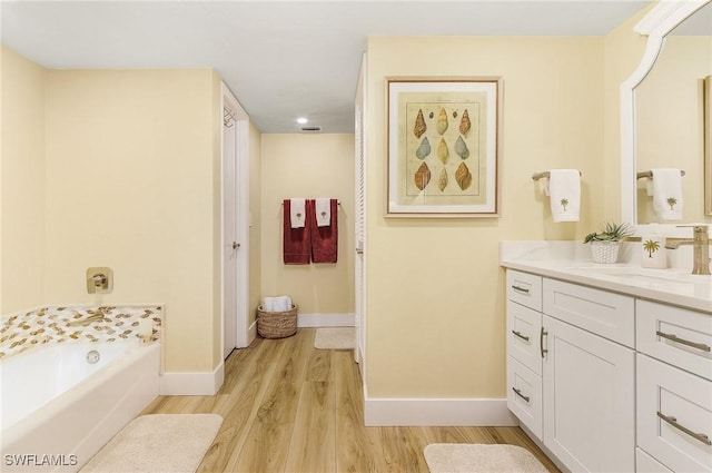 bathroom with vanity, a bathing tub, and hardwood / wood-style floors