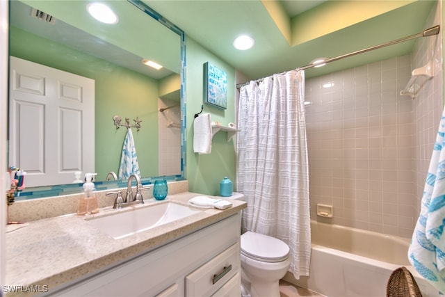 full bath featuring recessed lighting, visible vents, toilet, shower / tub combo, and vanity