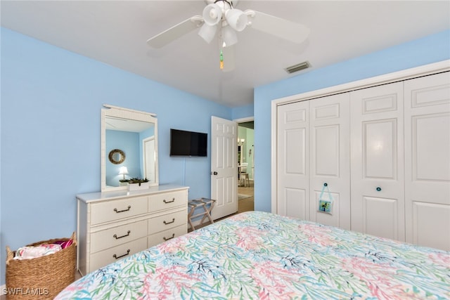 bedroom with a closet, visible vents, and ceiling fan