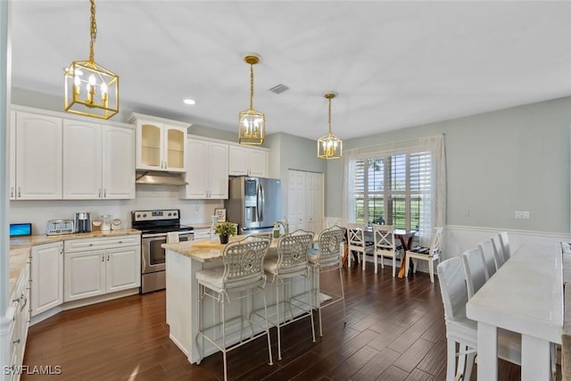 kitchen featuring pendant lighting, stainless steel appliances, white cabinetry, and a kitchen island