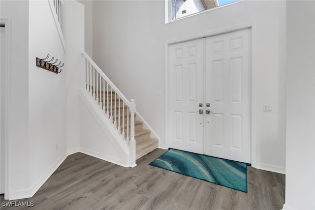 foyer featuring hardwood / wood-style floors and a high ceiling