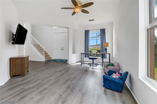 interior space featuring light hardwood / wood-style floors, a healthy amount of sunlight, and ceiling fan