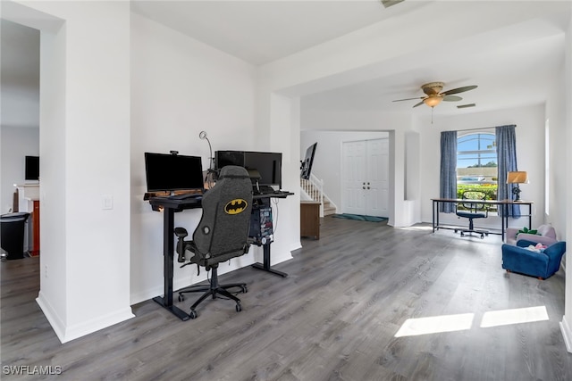 office area with ceiling fan and hardwood / wood-style flooring