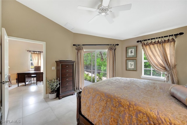 tiled bedroom with ceiling fan, multiple windows, and vaulted ceiling