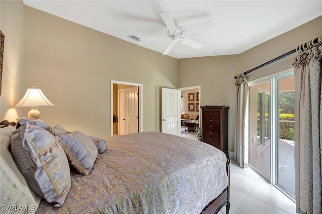 3555 Avion Woods Ct Unit 501, Naples, FL 34104 - bedroom featuring light tile patterned floors, visible vents, access to exterior, vaulted ceiling, and a ceiling fan
