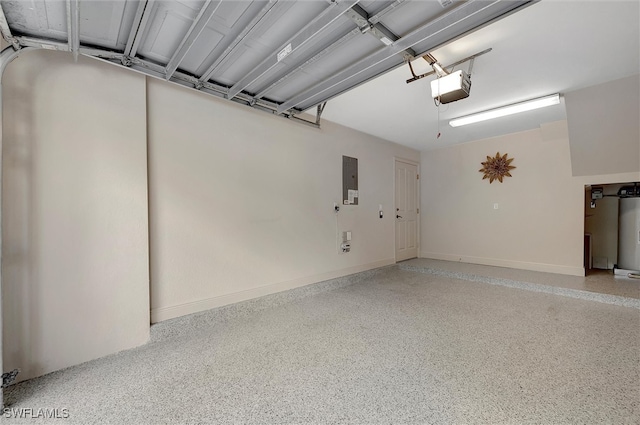 garage with a garage door opener, electric panel, and water heater