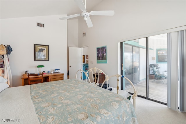 carpeted bedroom featuring high vaulted ceiling, access to outside, and ceiling fan