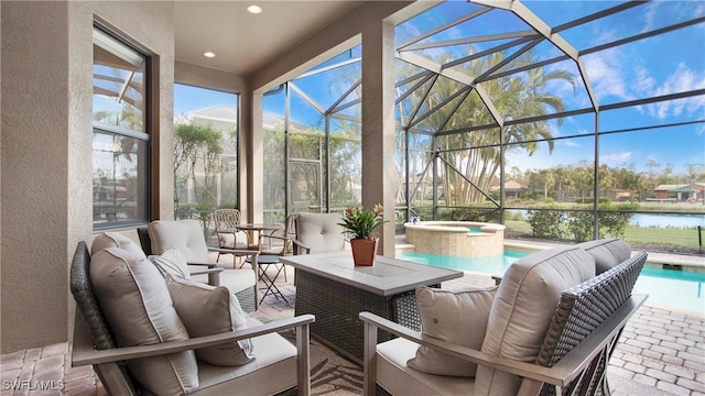 sunroom / solarium with a water view and a swimming pool