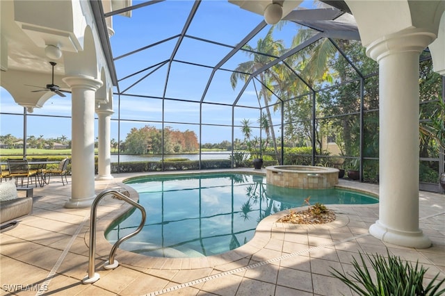 view of swimming pool with an in ground hot tub, ceiling fan, a patio area, and a lanai