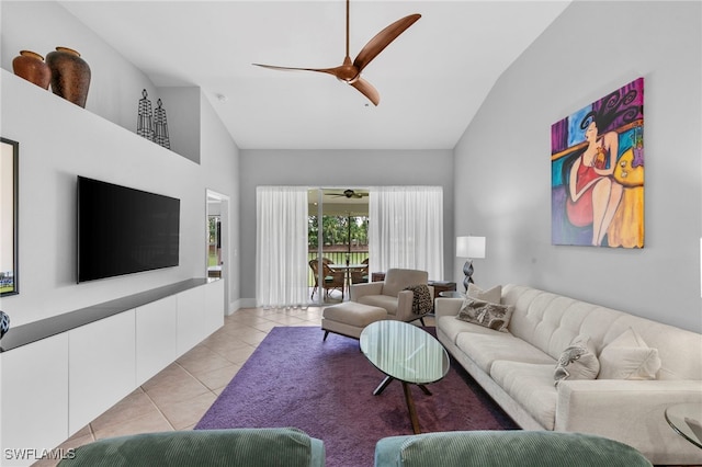 living room featuring ceiling fan, high vaulted ceiling, and light tile patterned flooring