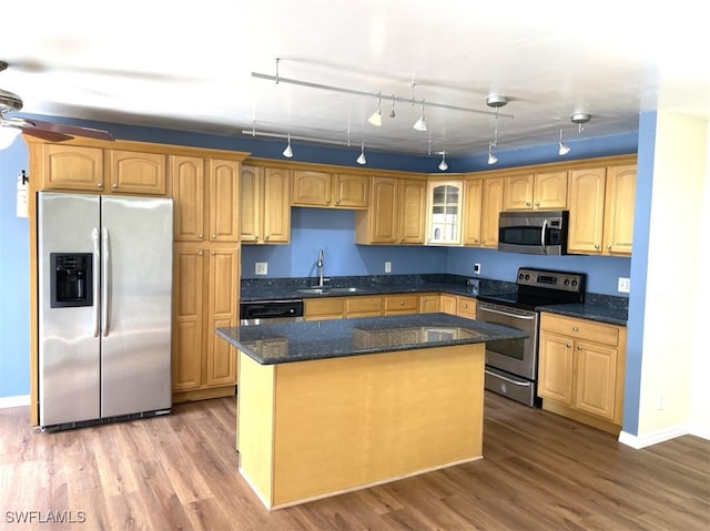 kitchen featuring appliances with stainless steel finishes, sink, light hardwood / wood-style floors, and a kitchen island