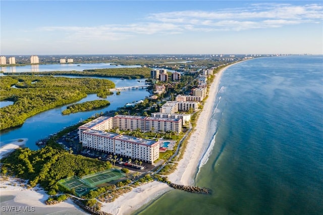 aerial view with a water view and a beach view