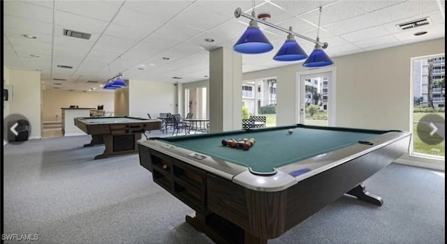 recreation room with carpet floors, billiards, and a paneled ceiling