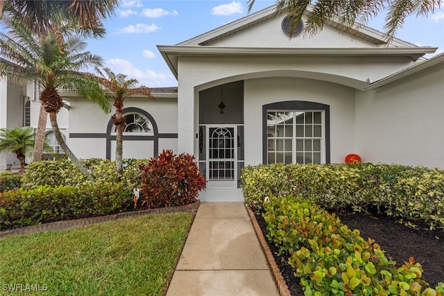 view of exterior entry with a yard