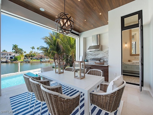 view of patio / terrace featuring a water view, area for grilling, and ceiling fan