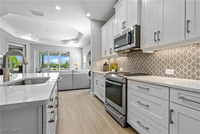 kitchen with white cabinetry, stainless steel appliances, a raised ceiling, light stone counters, and sink