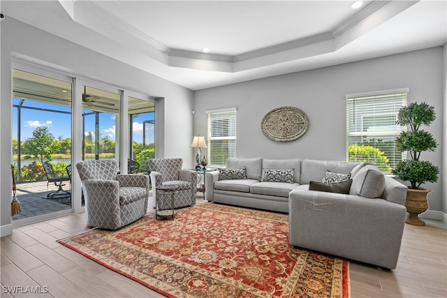 living room with a tray ceiling, ornamental molding, and a healthy amount of sunlight