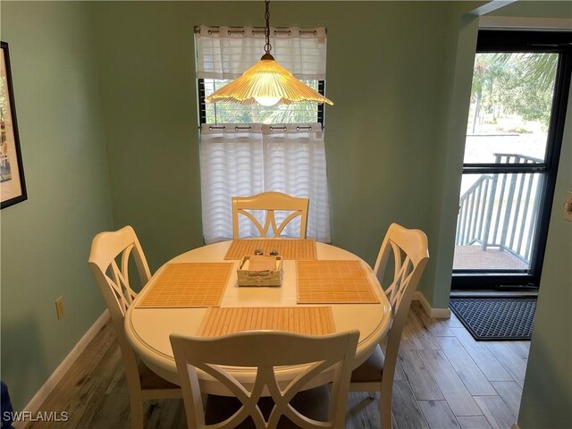 dining space with hardwood / wood-style floors