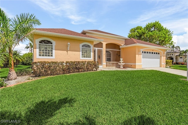 mediterranean / spanish-style home with a front lawn and a garage