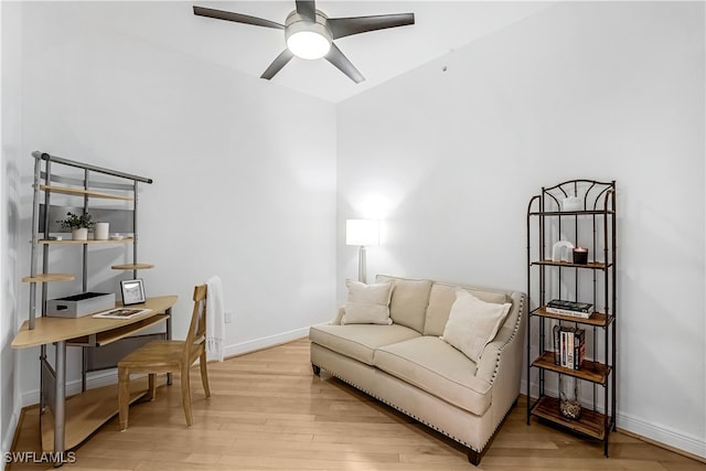 office area featuring light hardwood / wood-style flooring and ceiling fan