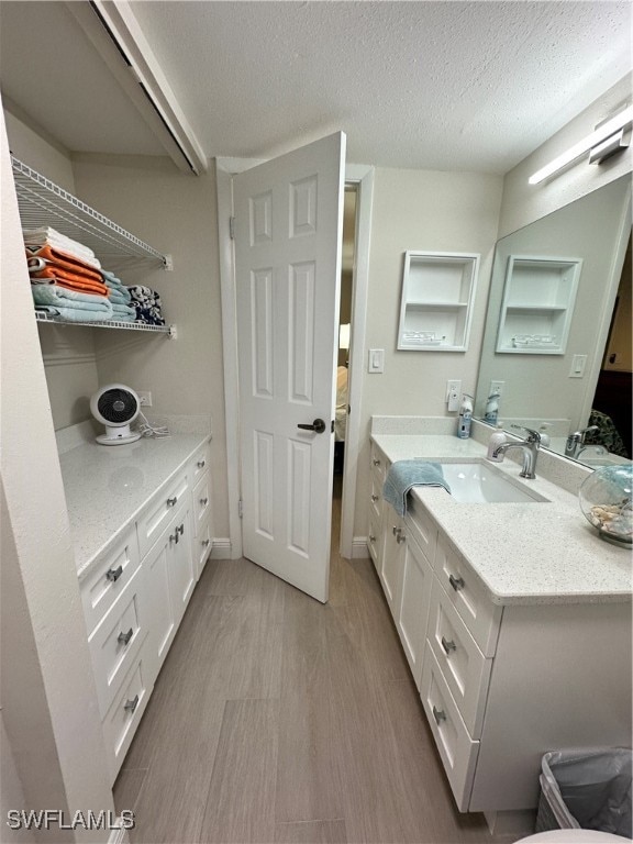 bathroom with vanity, a textured ceiling, and wood-type flooring