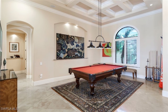 recreation room with beamed ceiling, ornamental molding, coffered ceiling, and billiards