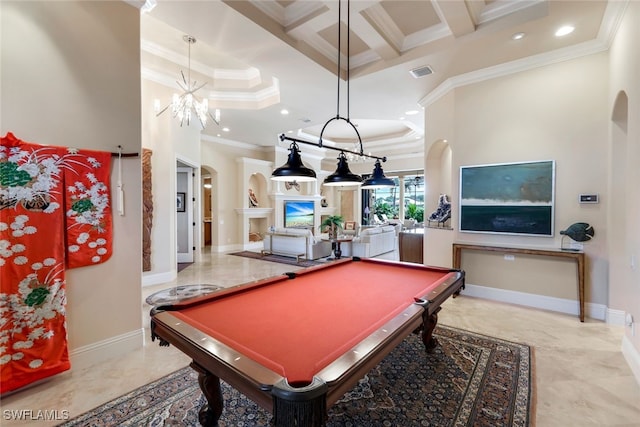 recreation room with crown molding, coffered ceiling, beam ceiling, and billiards