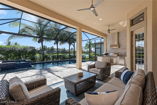 view of patio / terrace featuring an outdoor kitchen, a grill, an outdoor living space, a lanai, and ceiling fan