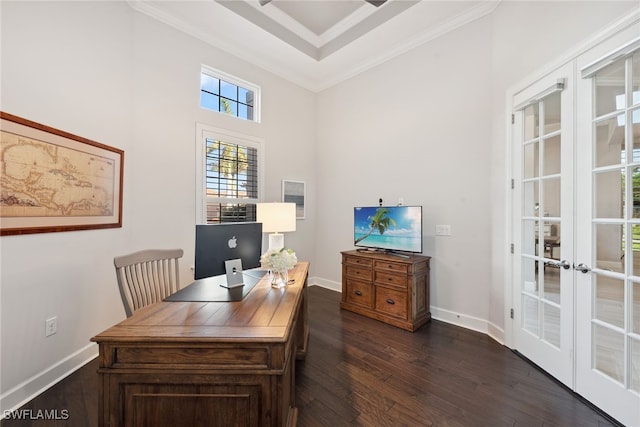 office space featuring dark hardwood / wood-style flooring, french doors, a high ceiling, and crown molding