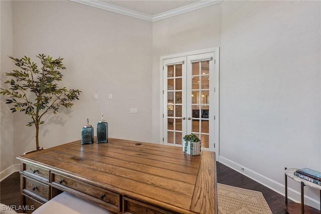 office with french doors, dark wood-style flooring, ornamental molding, and baseboards