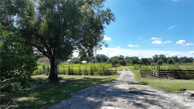 view of street featuring driveway, a gated entry, and a rural view