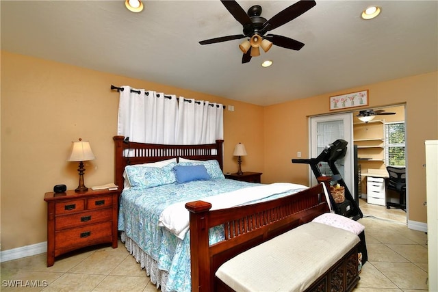 bedroom featuring light tile patterned floors, baseboards, a ceiling fan, and recessed lighting