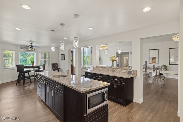 kitchen with a wealth of natural light, hanging light fixtures, stainless steel microwave, and wood-type flooring