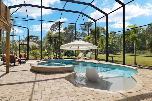 view of swimming pool with an in ground hot tub, a patio, and glass enclosure