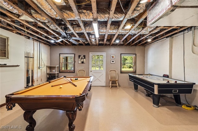 recreation room with ceiling fan and pool table