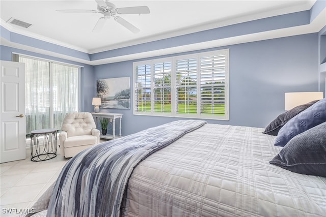 tiled bedroom with crown molding and ceiling fan