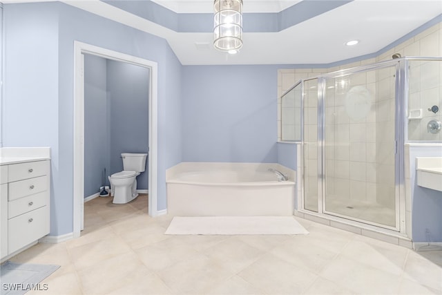 full bathroom featuring toilet, independent shower and bath, vanity, and tile patterned flooring