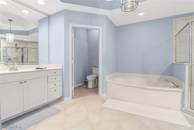 full bathroom with tile patterned floors, toilet, a shower stall, and a bath