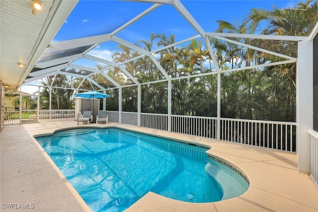 view of swimming pool with a patio area and a lanai