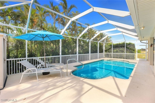 view of swimming pool with a patio and glass enclosure