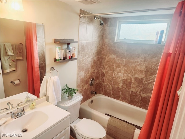 full bathroom with vanity, toilet, and shower / bathtub combination with curtain