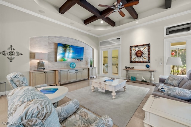 living room featuring french doors, ceiling fan, coffered ceiling, and light tile patterned floors