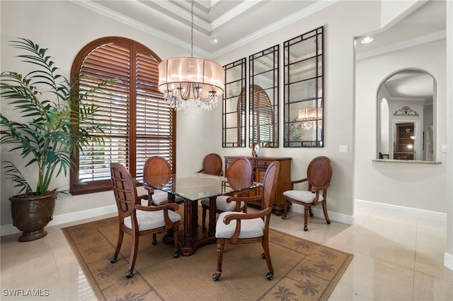 tiled dining room with an inviting chandelier and crown molding