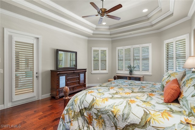 bedroom with crown molding, dark wood-type flooring, multiple windows, and ceiling fan