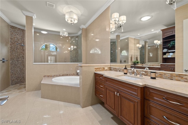 bathroom with vanity, shower with separate bathtub, and ornamental molding