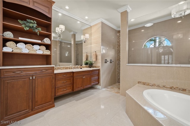 bathroom with vanity, crown molding, a chandelier, and shower with separate bathtub